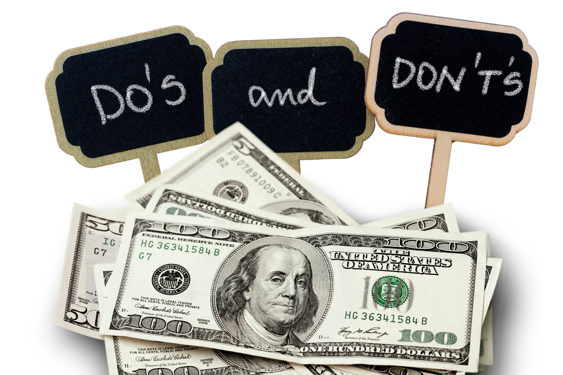 Do's and Don'ts signs above a pile of money